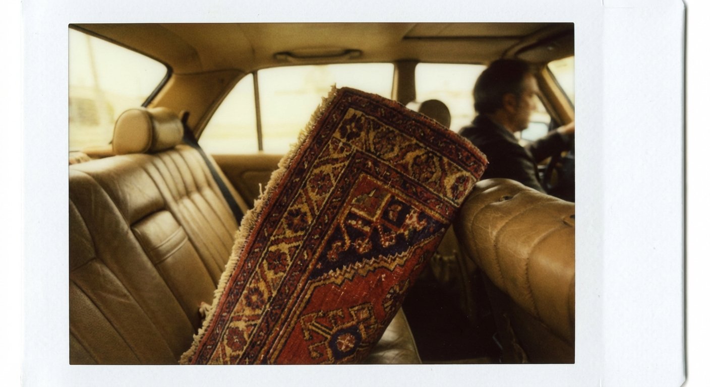 An ornate Persian rug sitting regally in a luxury car