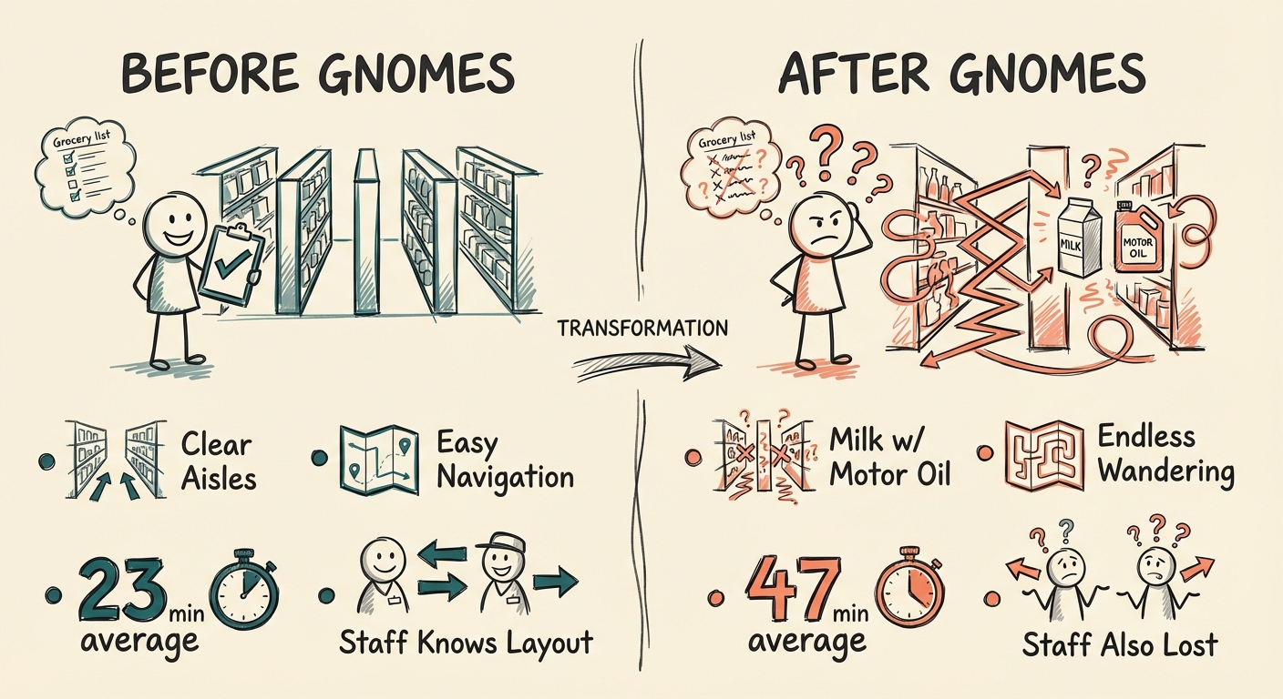 Before and After Grocery Gnomes comparison showing organized vs chaotic store layouts