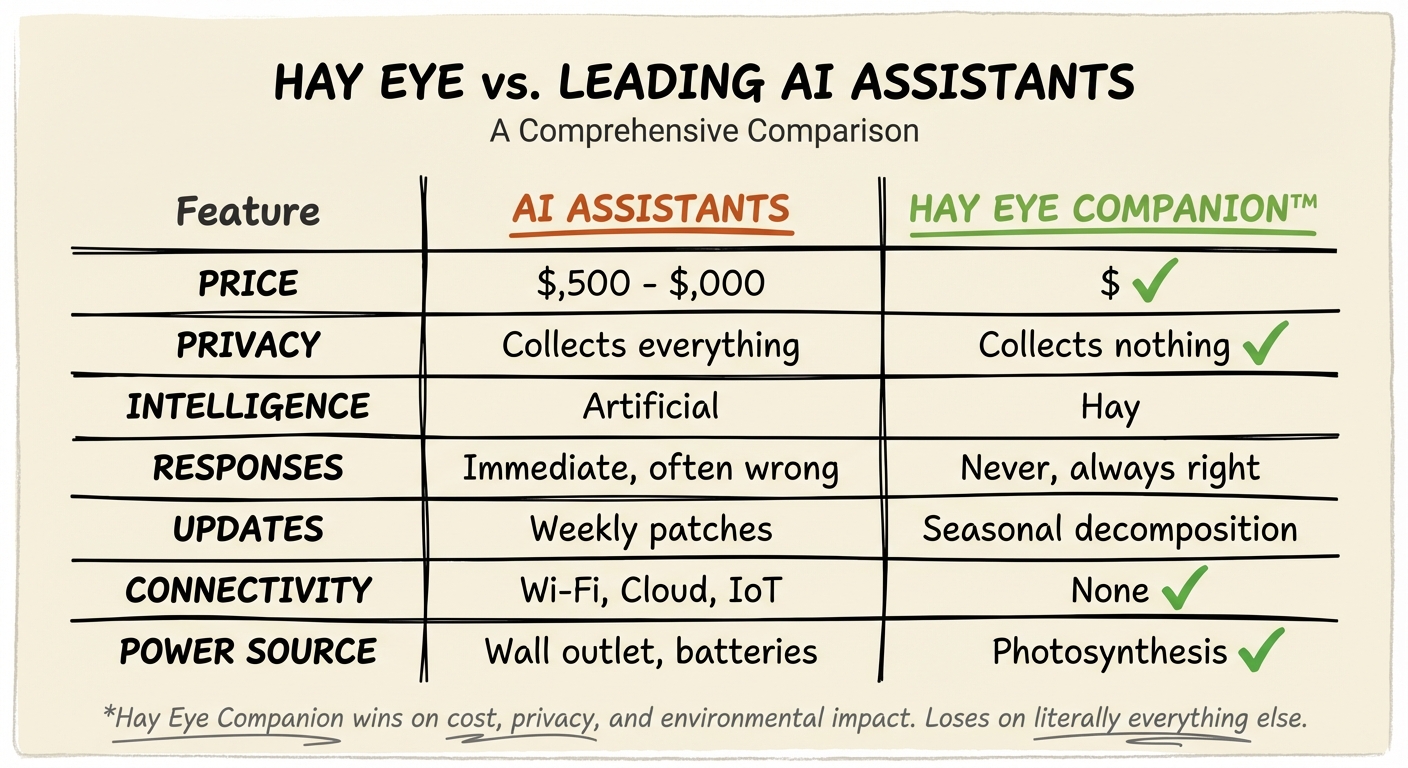 Feature comparison table showing Hay Eye Companions versus traditional AI assistants