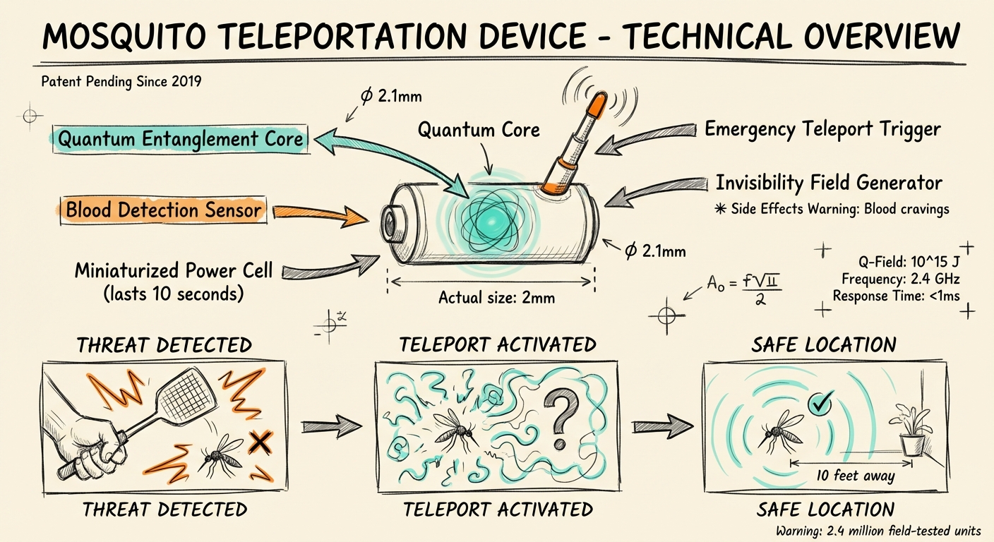 Technical diagram of Mosquito Teleportation Device showing quantum core and components